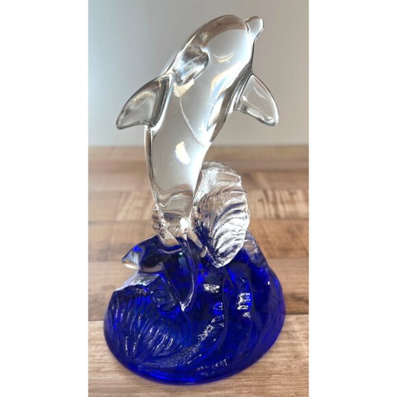 Clear Glass Dolphin Figurine On Blue Wave Base - Picture 4 of 4